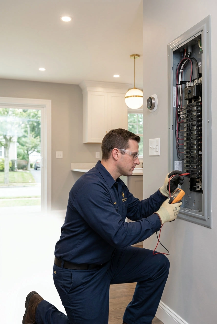 Electrician inspecting a circuit breaker panel with a multimeter in a modern home.