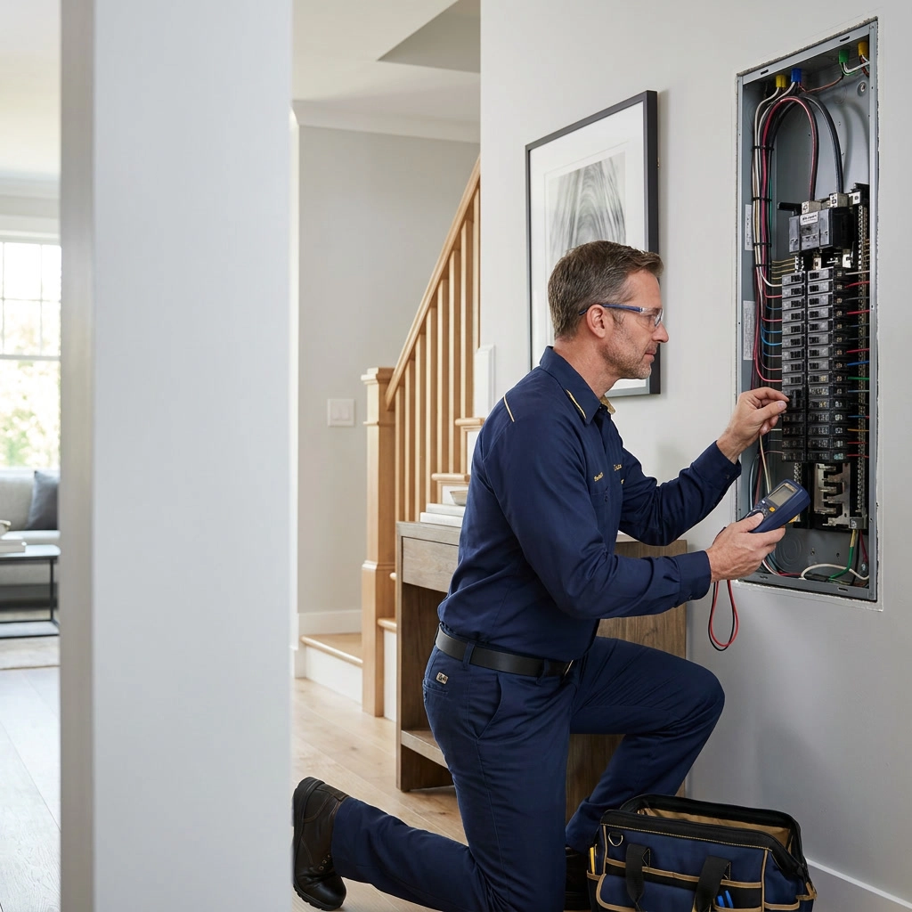 Electrician inspecting a home electrical panel with tools.