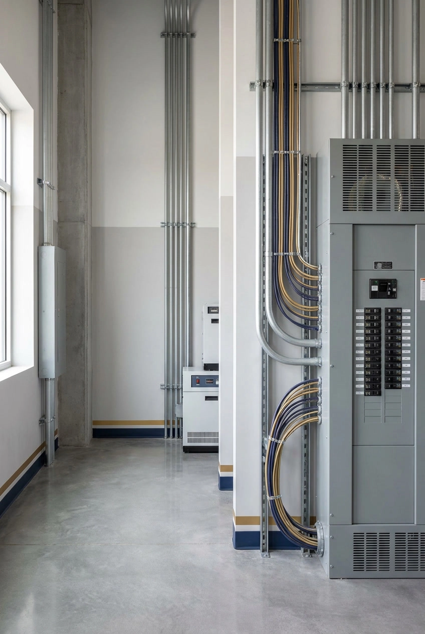 gemini-image-2_Photorealistic_4K_commercial_electrical_service_photograph_for_a_professional_Ma-0 Interior view of a utility room with electrical panels and exposed wiring.