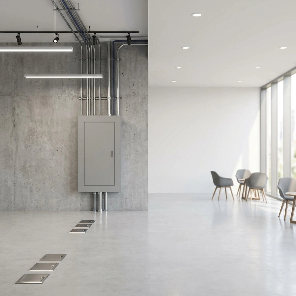 gemini-image-2_Photorealistic_4K_commercial_photography_for_a_professional_Massachusetts_electr-0 Modern industrial interior with concrete walls and minimalist furniture.