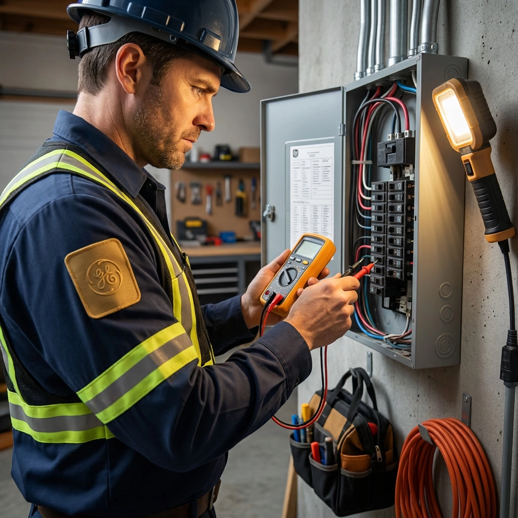 Electrician using a multimeter on an electrical panel in a workshop.