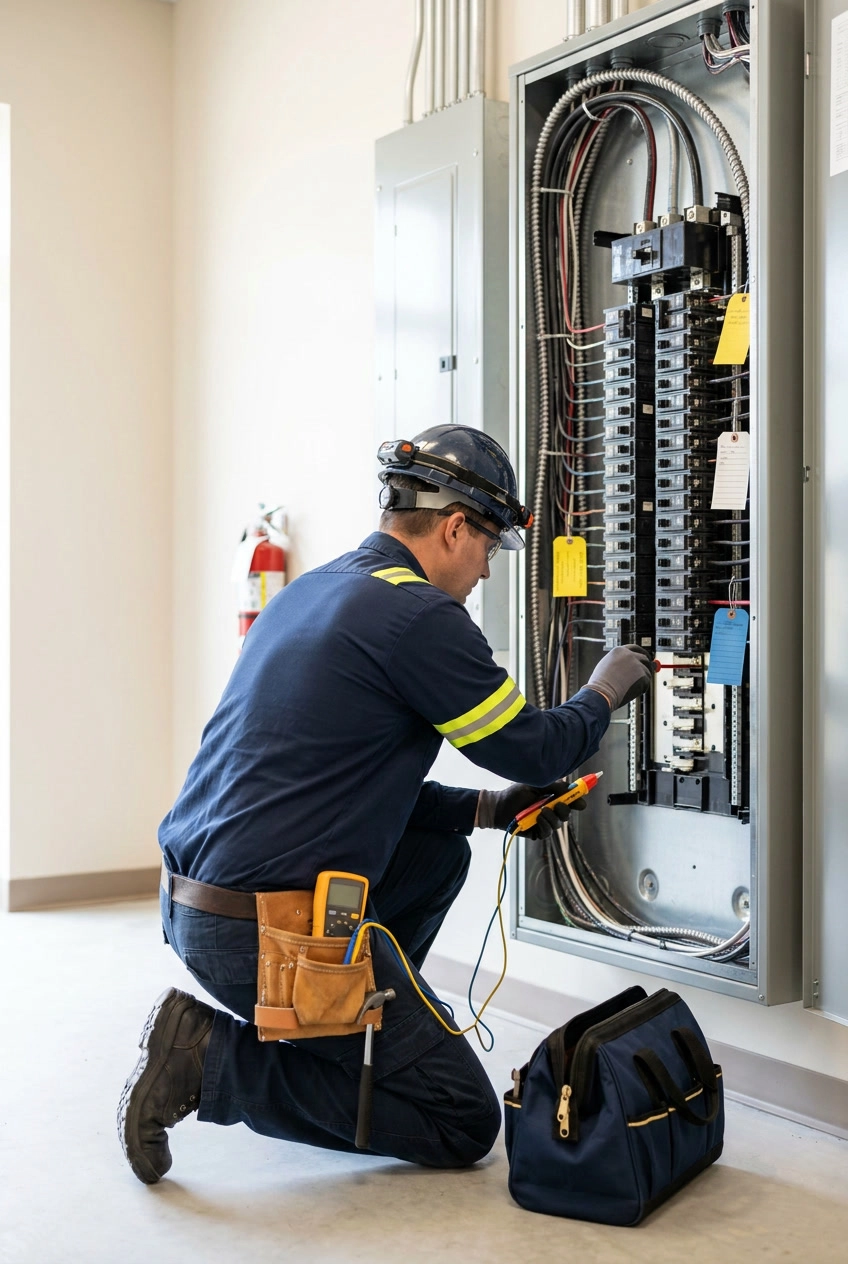 Electrician troubleshooting a circuit breaker panel with a multimeter.