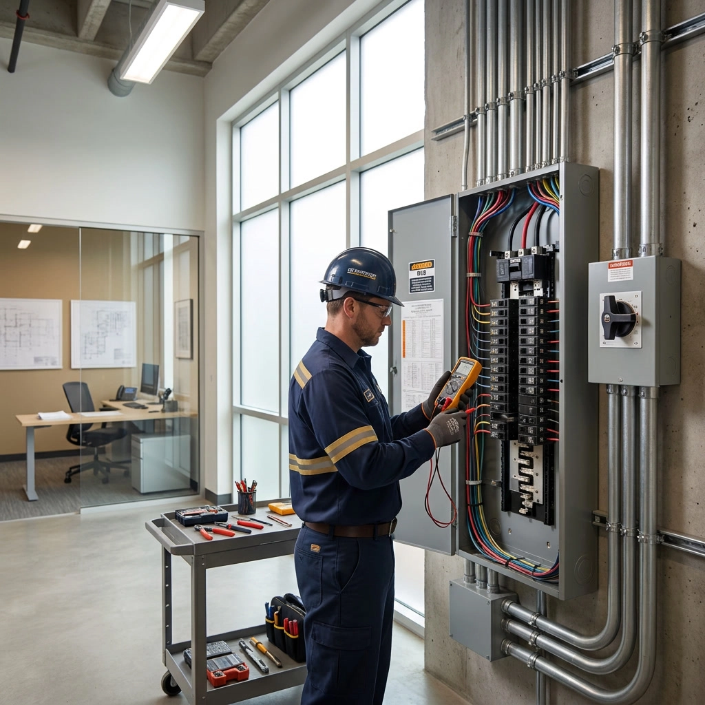 Electrician using a multimeter on a circuit breaker panel in a modern office.
