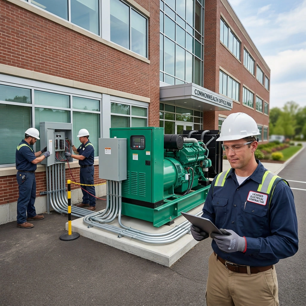 gemini-image-2_Photorealistic_premium_commercial_generator_installation_scene_for_a_professiona-0 (1) Technicians working on a green generator outside a modern office building.