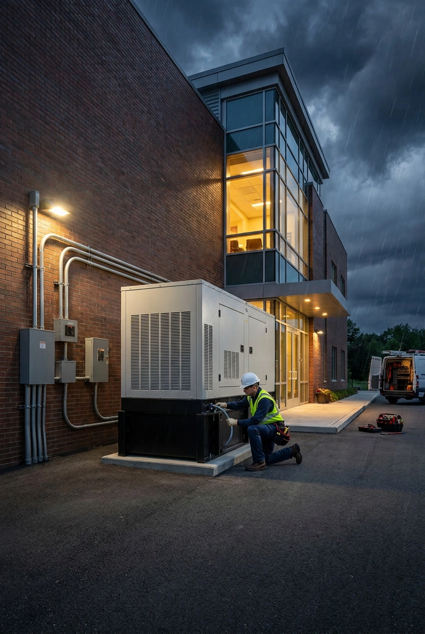 gemini-image-2_Photorealistic_premium_commercial_generator_installation_scene_for_a_professiona-0 Technician inspecting a generator outside a modern building during rain.