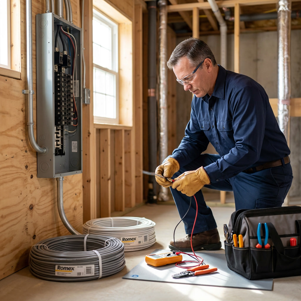 Electrician working on a circuit breaker panel with tools and Romex cables.