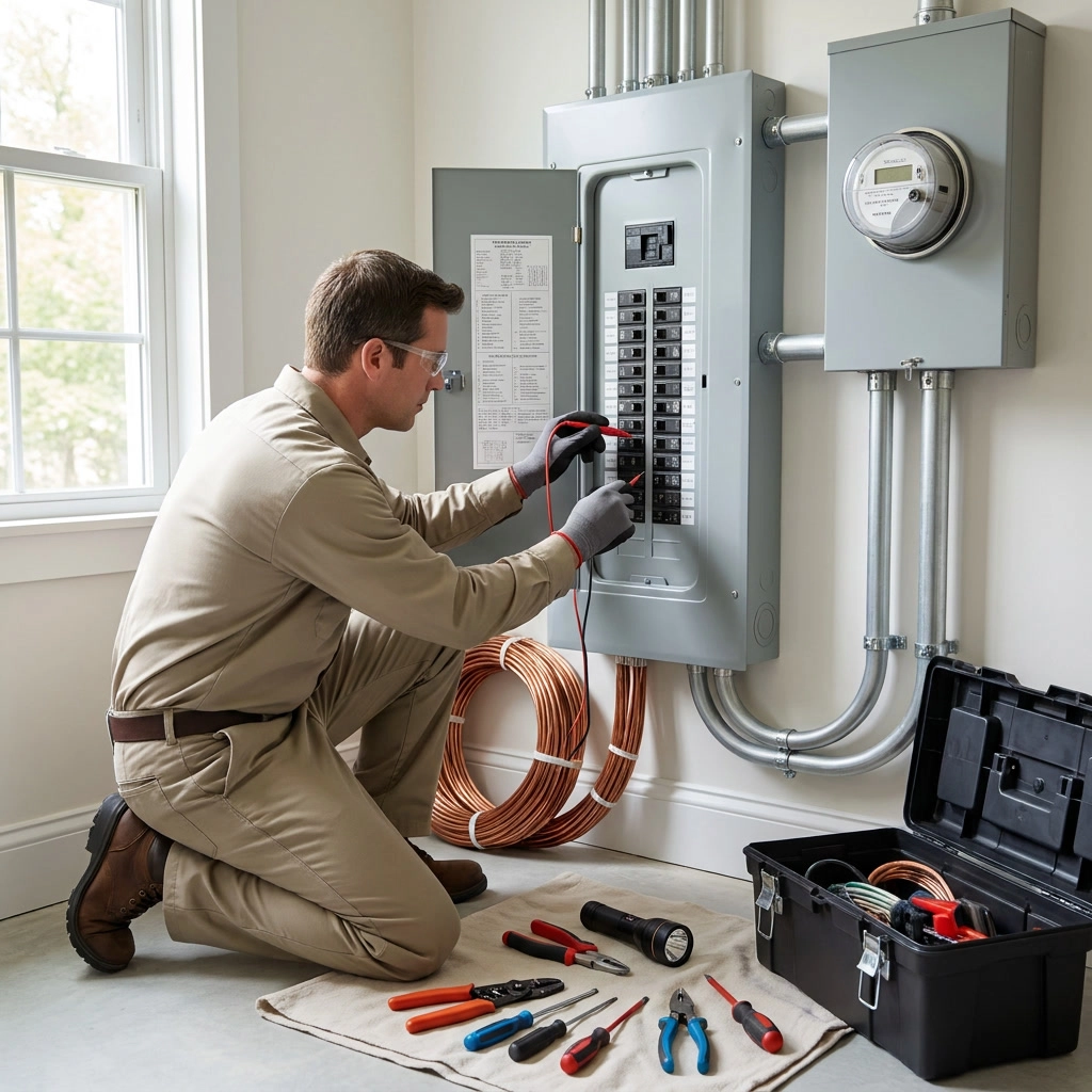 Electrician working on a circuit breaker panel with tools and copper wiring.
