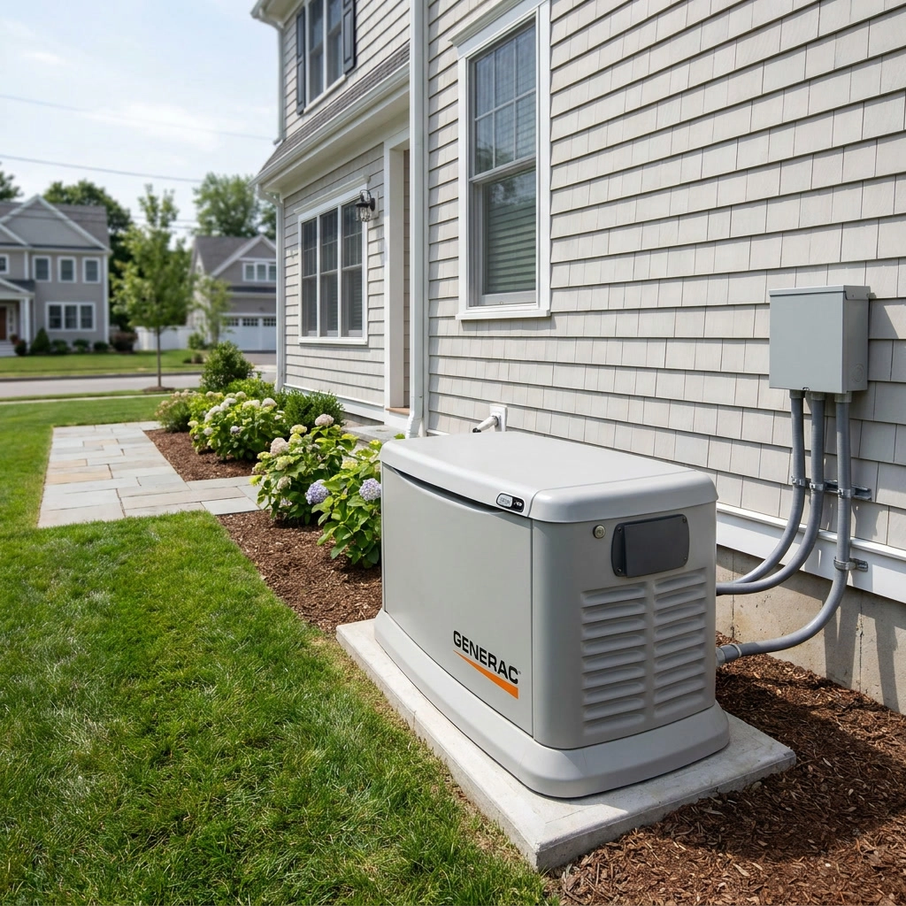 Generac home generator installed beside a house on a landscaped yard.