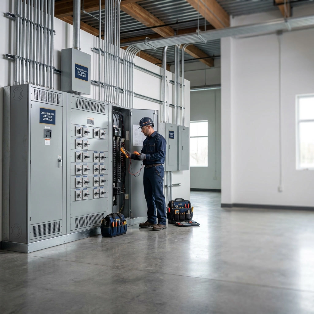 Electrician working on a control panel in a modern industrial space.