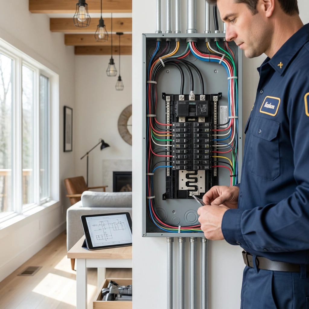 Electrician inspecting a residential circuit breaker panel with colorful wiring.